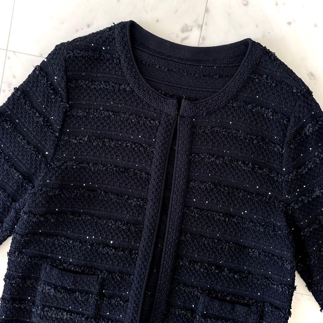 美品 ダーマコレクション ツイード調 ニットジャケット 黒 3L 大きいサイズ
