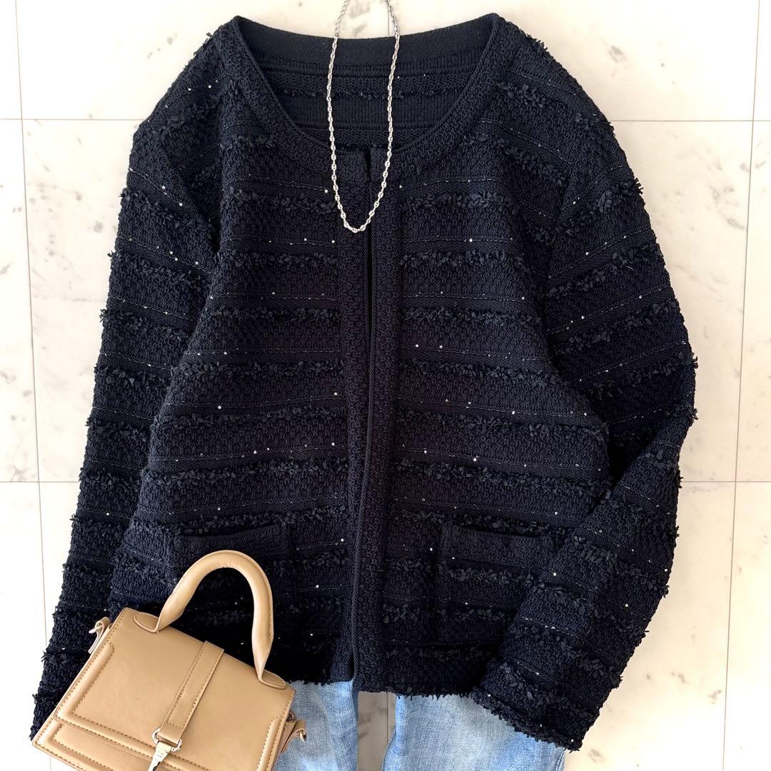 美品 ダーマコレクション ツイード調 ニットジャケット 黒 3L 大きいサイズ