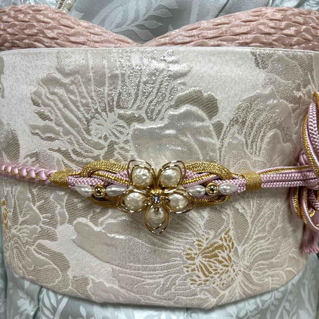 水色の牡丹や菊の上品な振袖フルセット(大きくお仕立て出来ます)