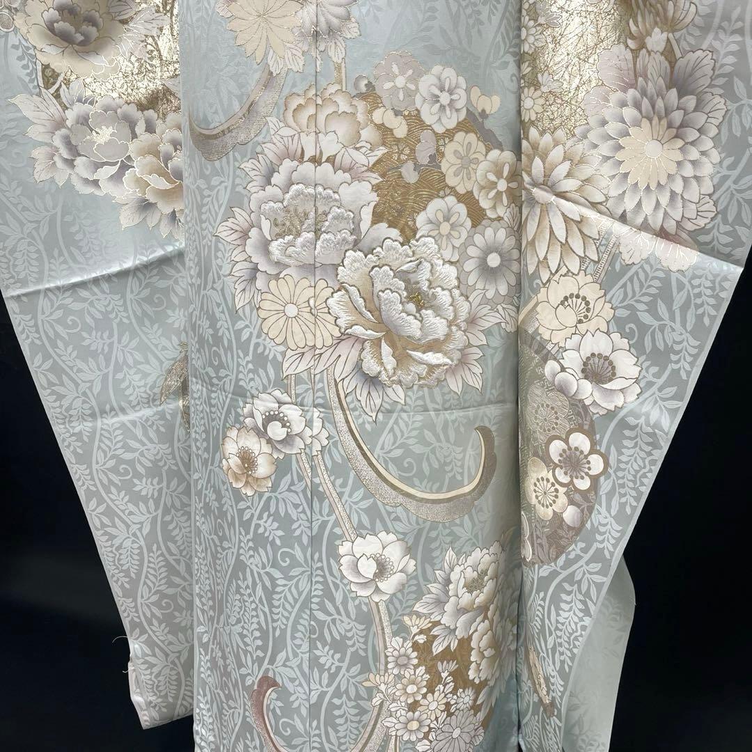 水色の牡丹や菊の上品な振袖フルセット(大きくお仕立て出来ます)