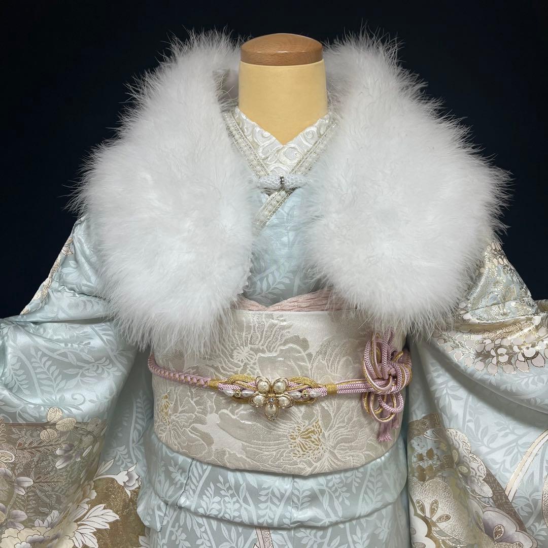 水色の牡丹や菊の上品な振袖フルセット(大きくお仕立て出来ます)