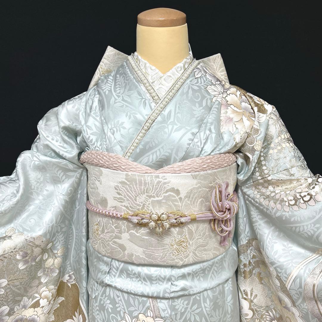 水色の牡丹や菊の上品な振袖フルセット(大きくお仕立て出来ます)