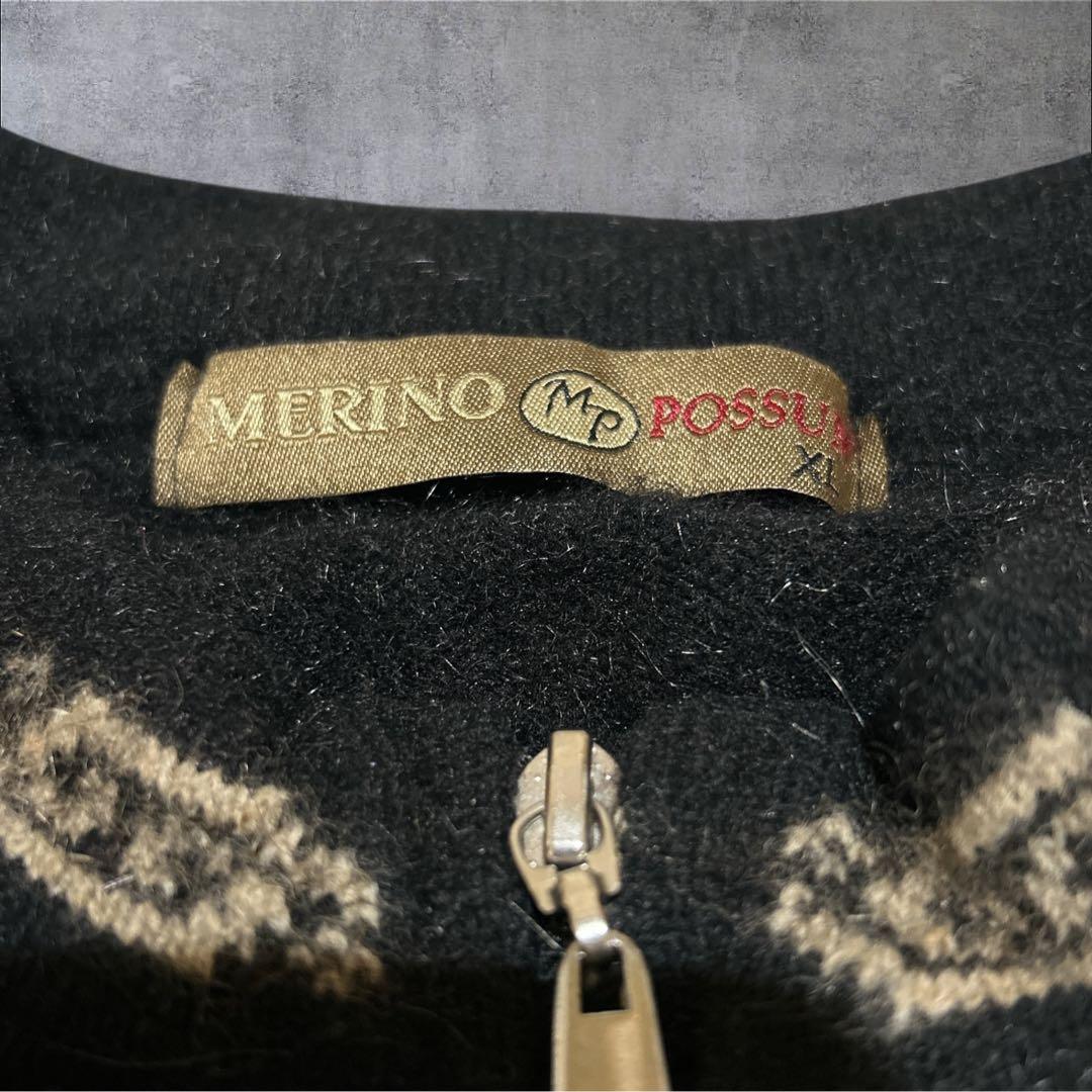 NZ製 ポッサム×メリノウール ニットジャンパー 黒 民族柄　軽量　XL