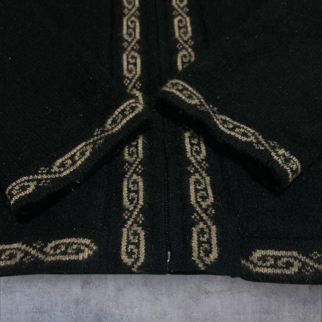 NZ製 ポッサム×メリノウール ニットジャンパー 黒 民族柄　軽量　XL