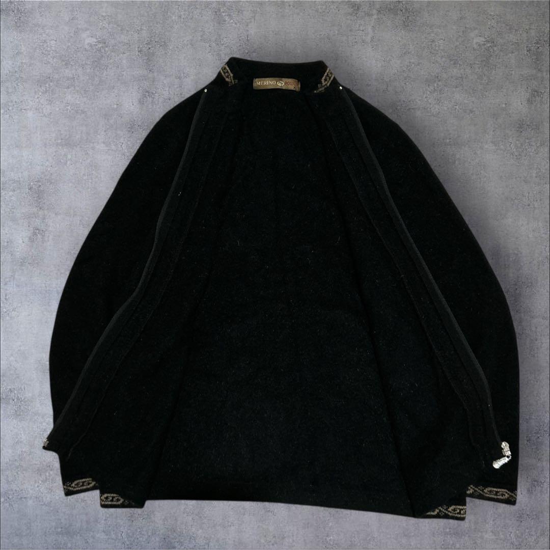 NZ製 ポッサム×メリノウール ニットジャンパー 黒 民族柄　軽量　XL