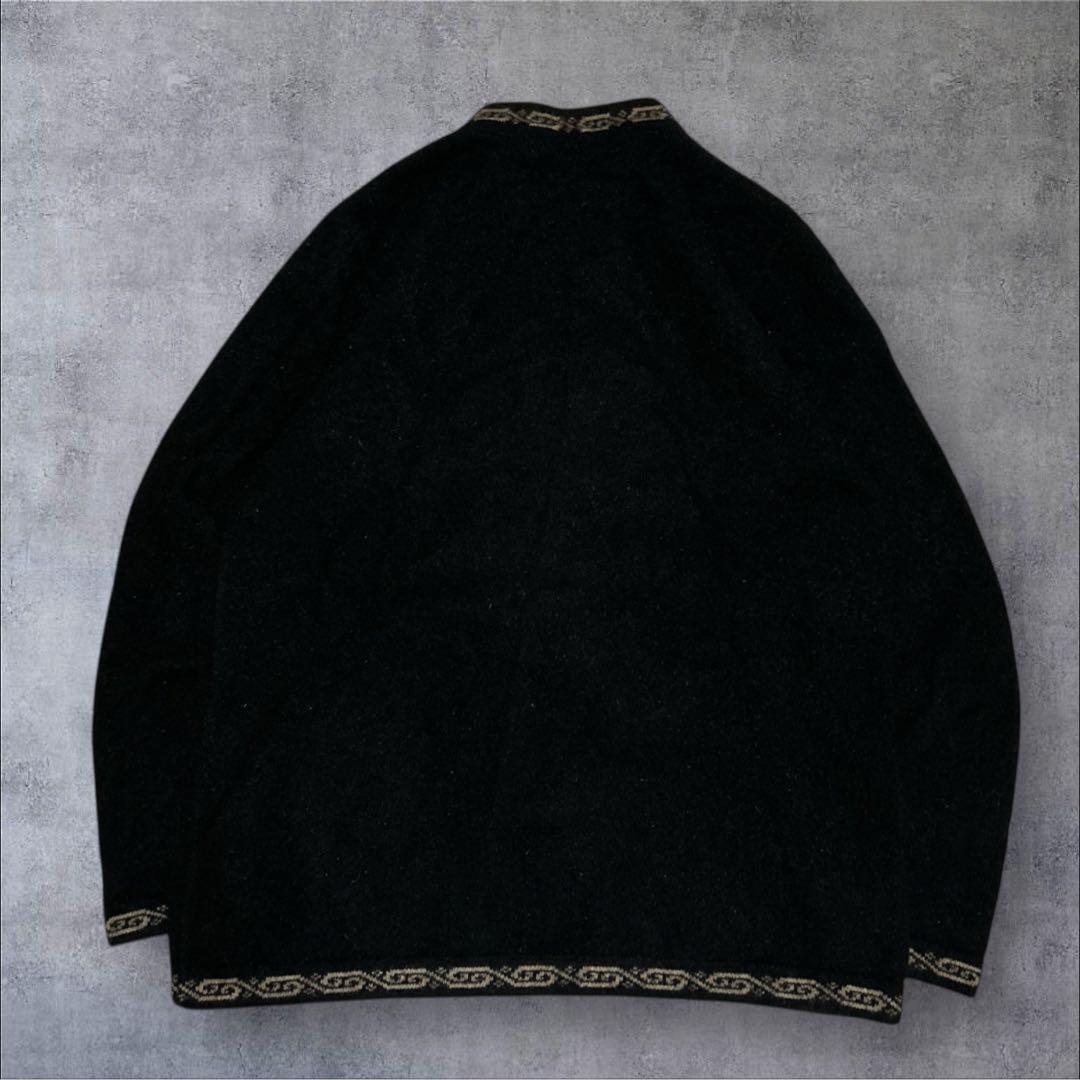 NZ製 ポッサム×メリノウール ニットジャンパー 黒 民族柄　軽量　XL
