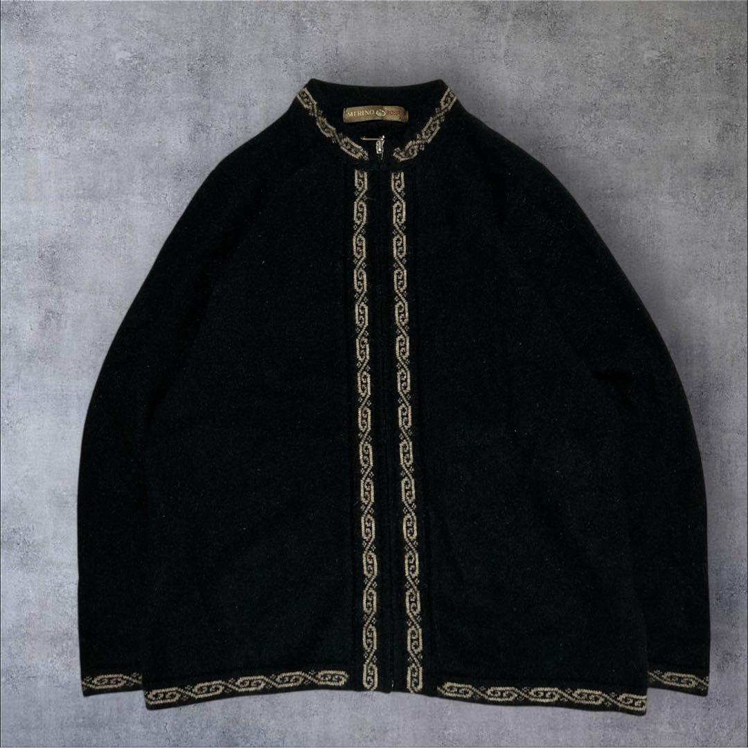 NZ製 ポッサム×メリノウール ニットジャンパー 黒 民族柄　軽量　XL