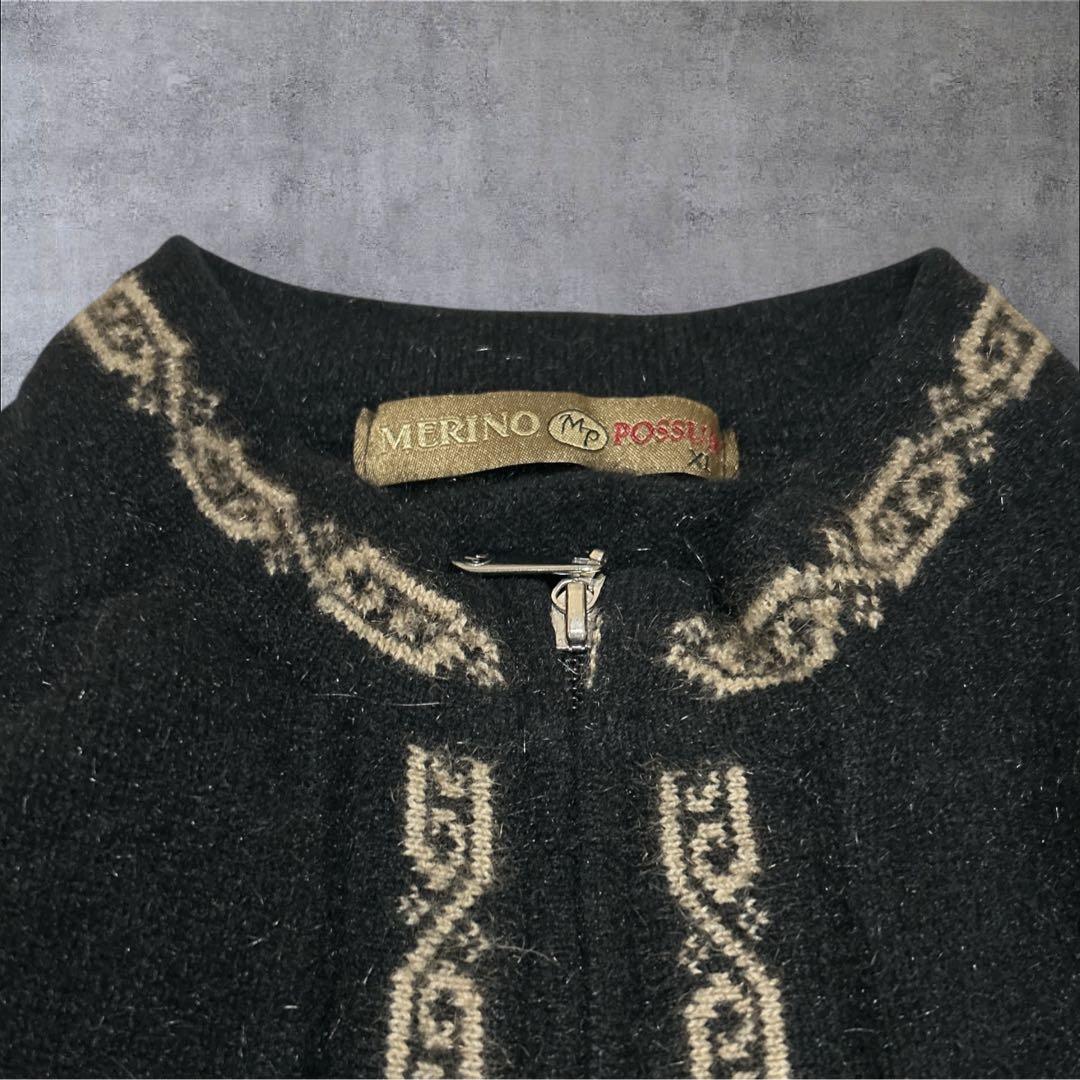 NZ製 ポッサム×メリノウール ニットジャンパー 黒 民族柄　軽量　XL