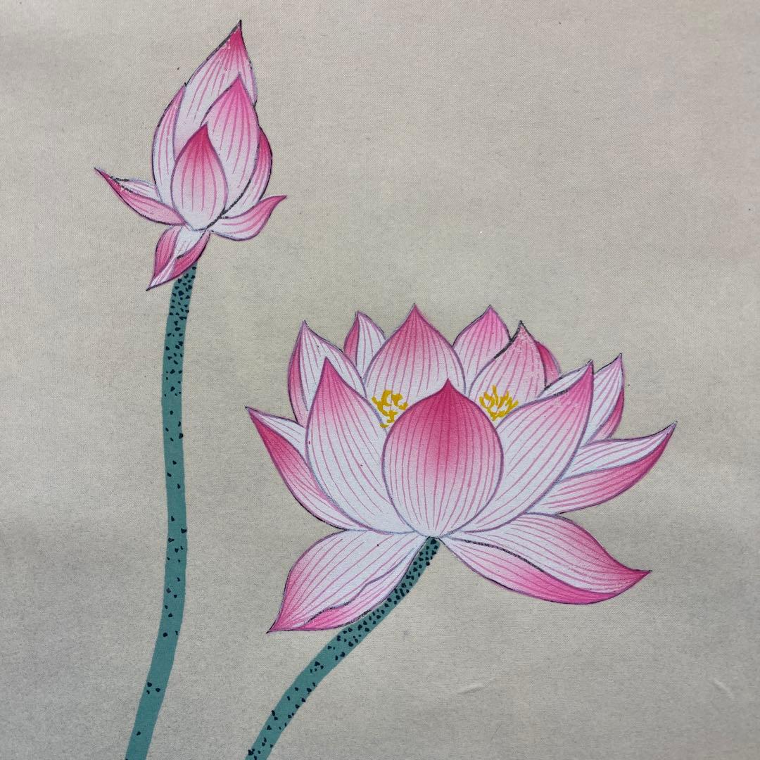 美品 掛け軸 悠堂作 蓮花二幅対 共箱 仏画 年中掛け