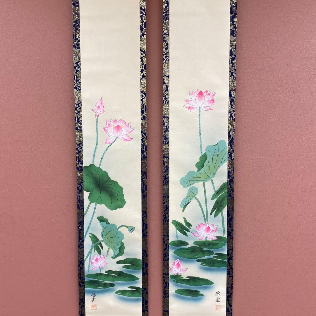 美品 掛け軸 悠堂作 蓮花二幅対 共箱 仏画 年中掛け