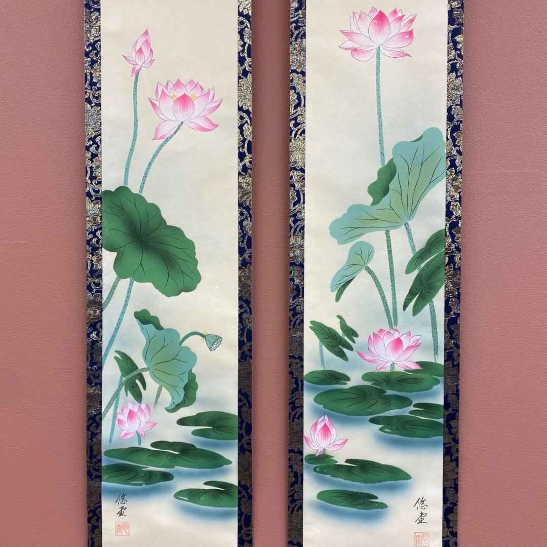 美品 掛け軸 悠堂作 蓮花二幅対 共箱 仏画 年中掛け