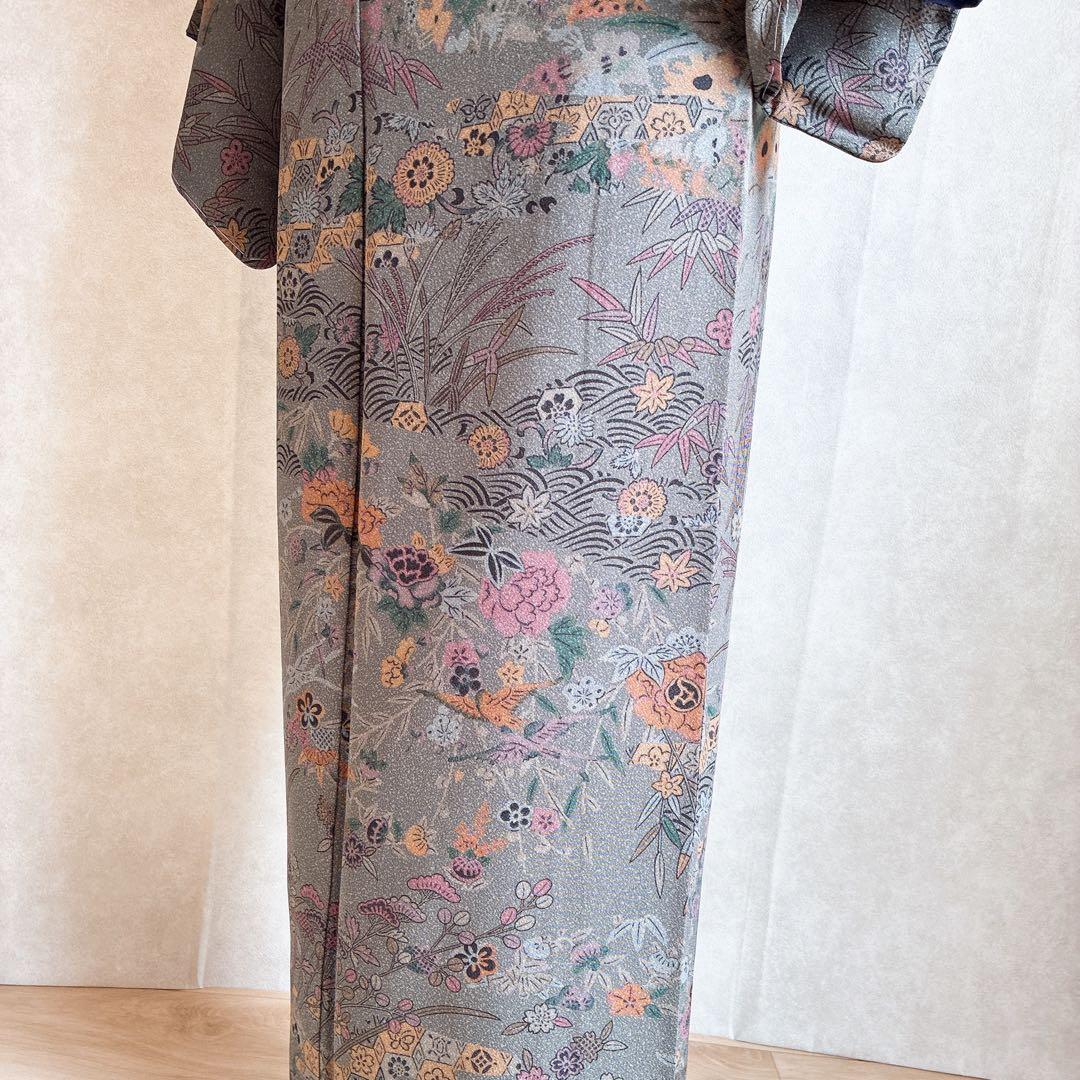 小紋　フルセット　着物　正絹　しつけ糸付き　草花　大人の洒落　普段着物　J7