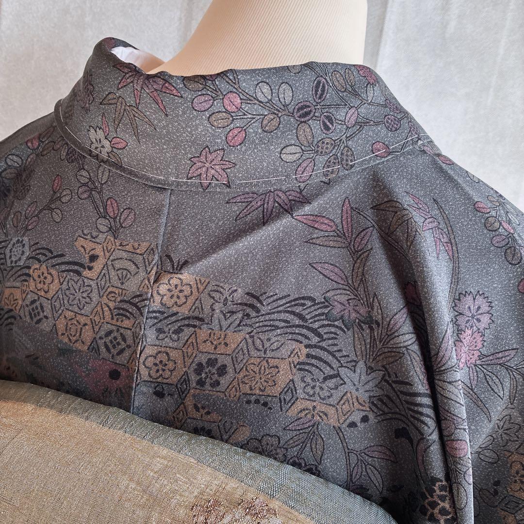 小紋　フルセット　着物　正絹　しつけ糸付き　草花　大人の洒落　普段着物　J7