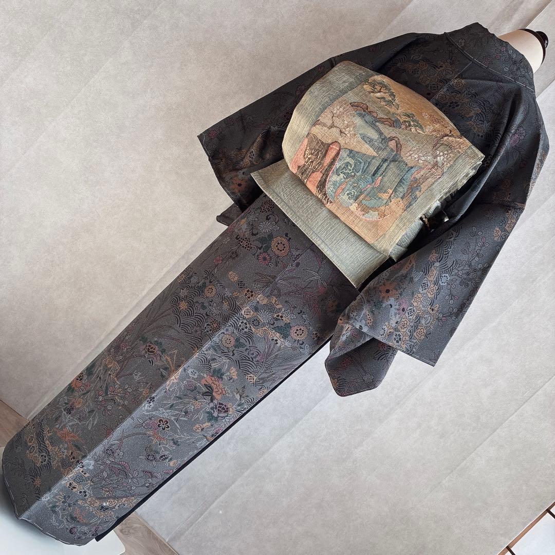 小紋　フルセット　着物　正絹　しつけ糸付き　草花　大人の洒落　普段着物　J7