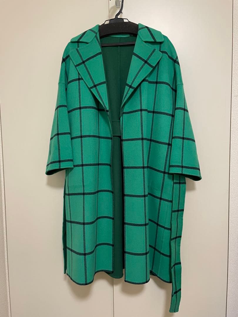 drawer ドロワー　緑 チェック チェスターコート ベルト付き　36