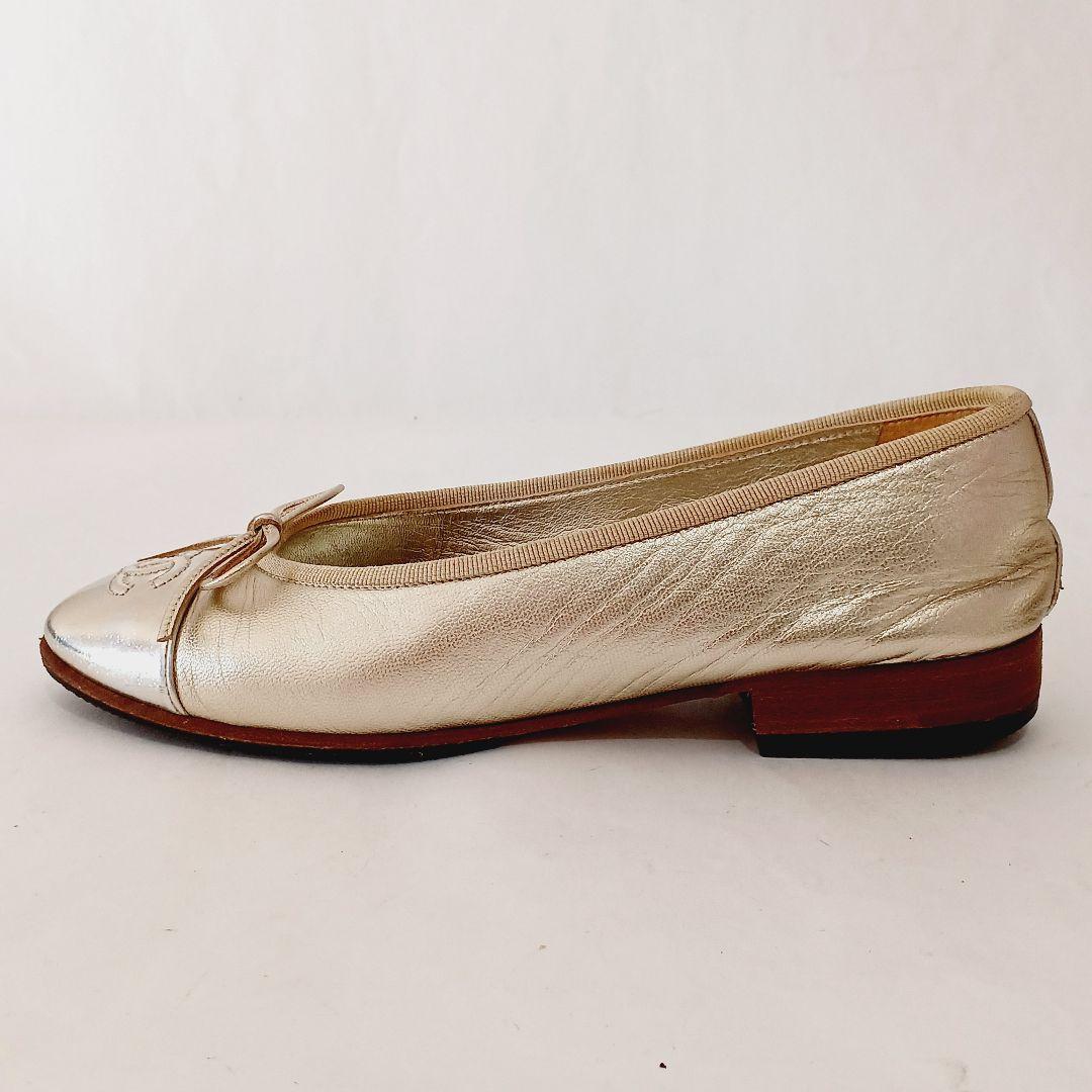 シャネル バレエシューズ ココマーク リボン フラットシューズ ゴールド