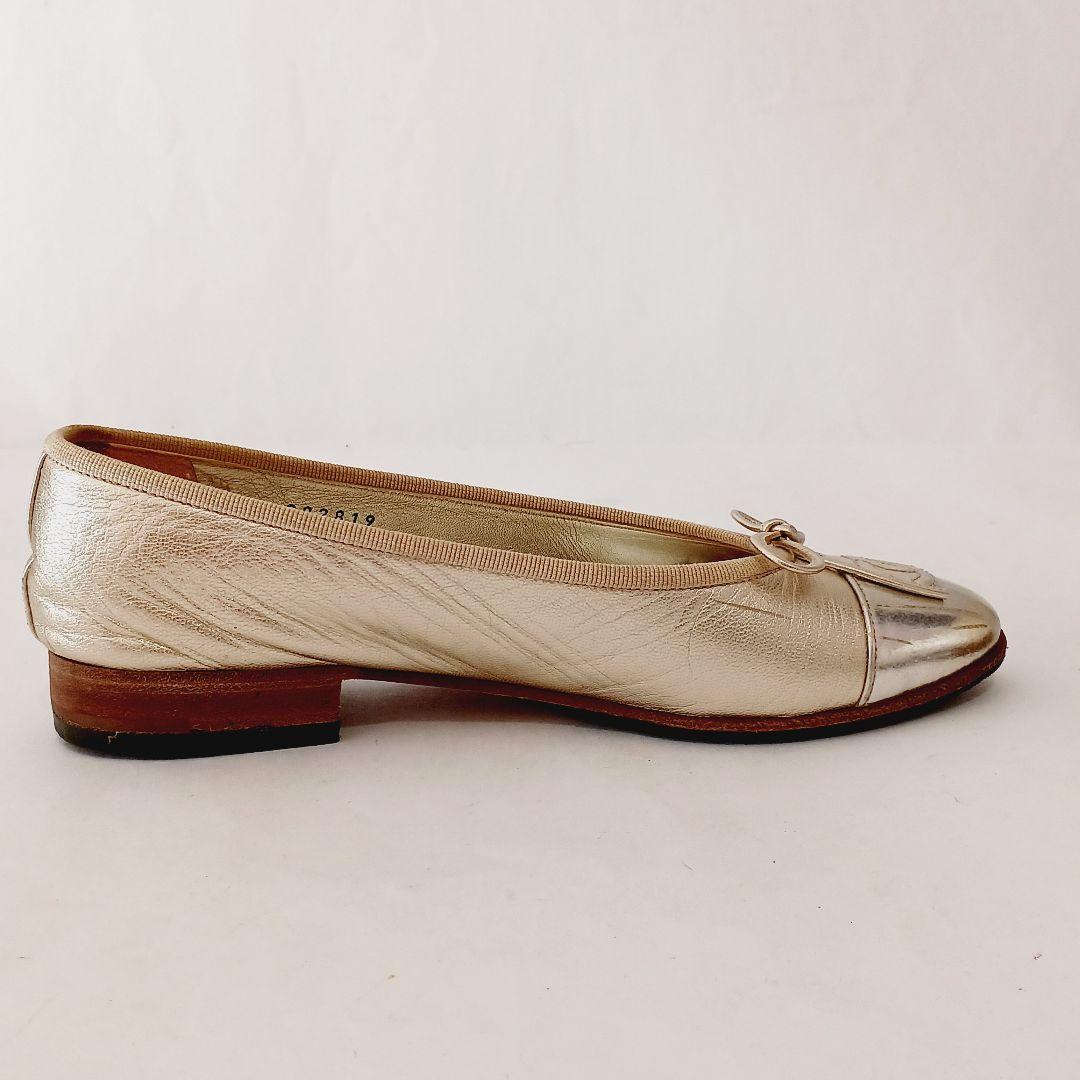 シャネル バレエシューズ ココマーク リボン フラットシューズ ゴールド