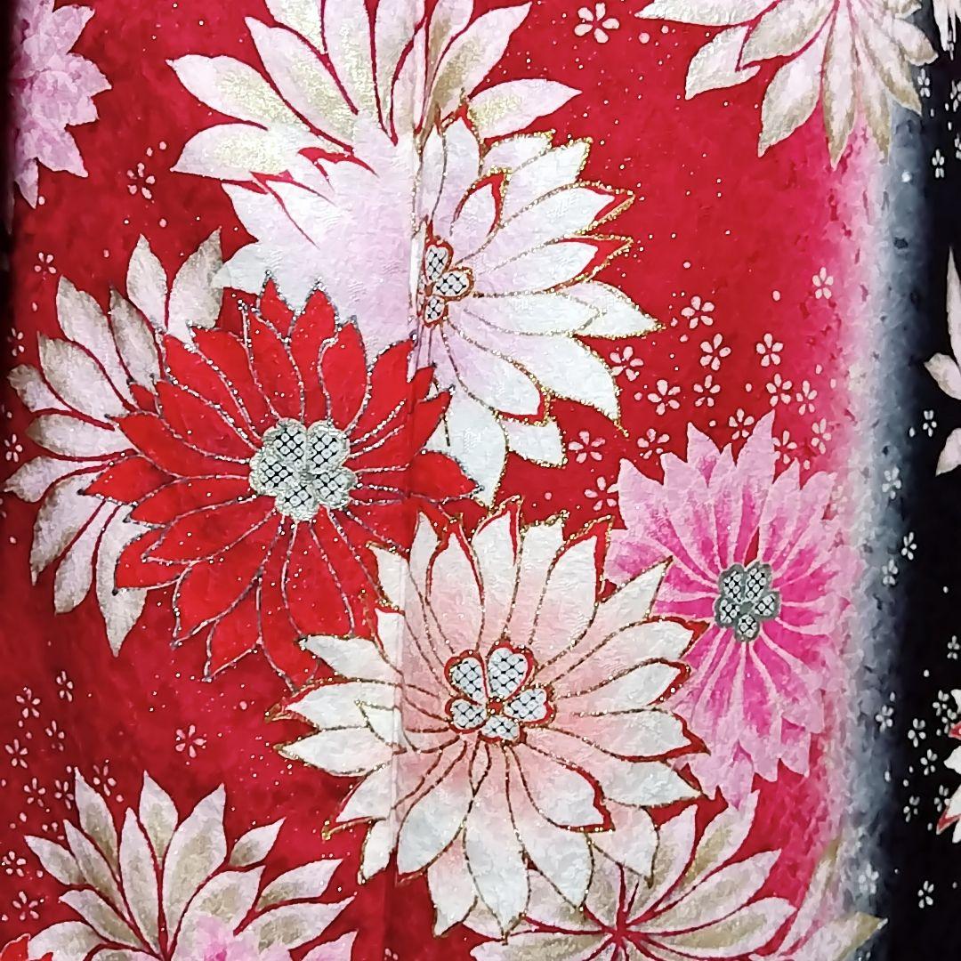 振袖 成人式 赤 袋帯 セット 黒 銀通し 縦ぼかし 裄丈67 裄67