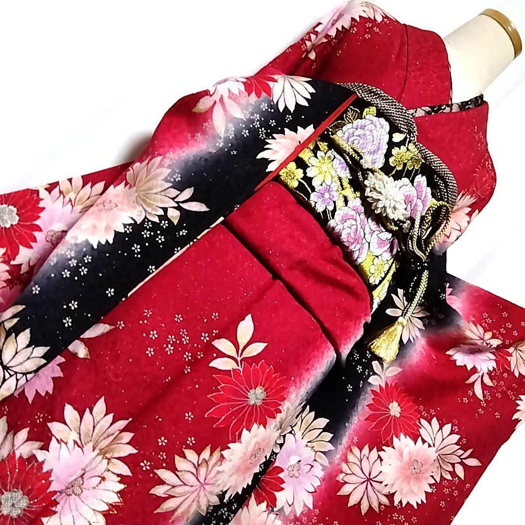 振袖 成人式 赤 袋帯 セット 黒 銀通し 縦ぼかし 裄丈67 裄67