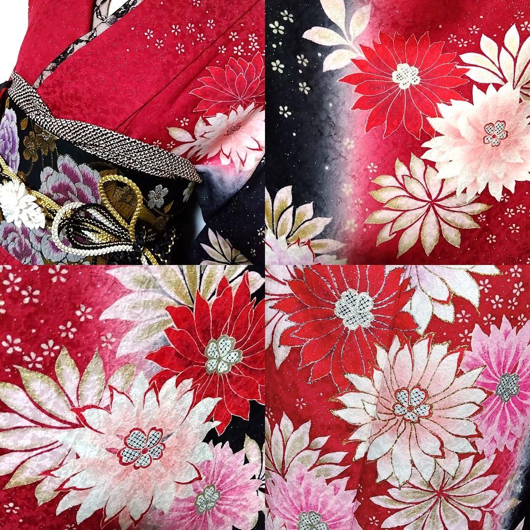 振袖 成人式 赤 袋帯 セット 黒 銀通し 縦ぼかし 裄丈67 裄67