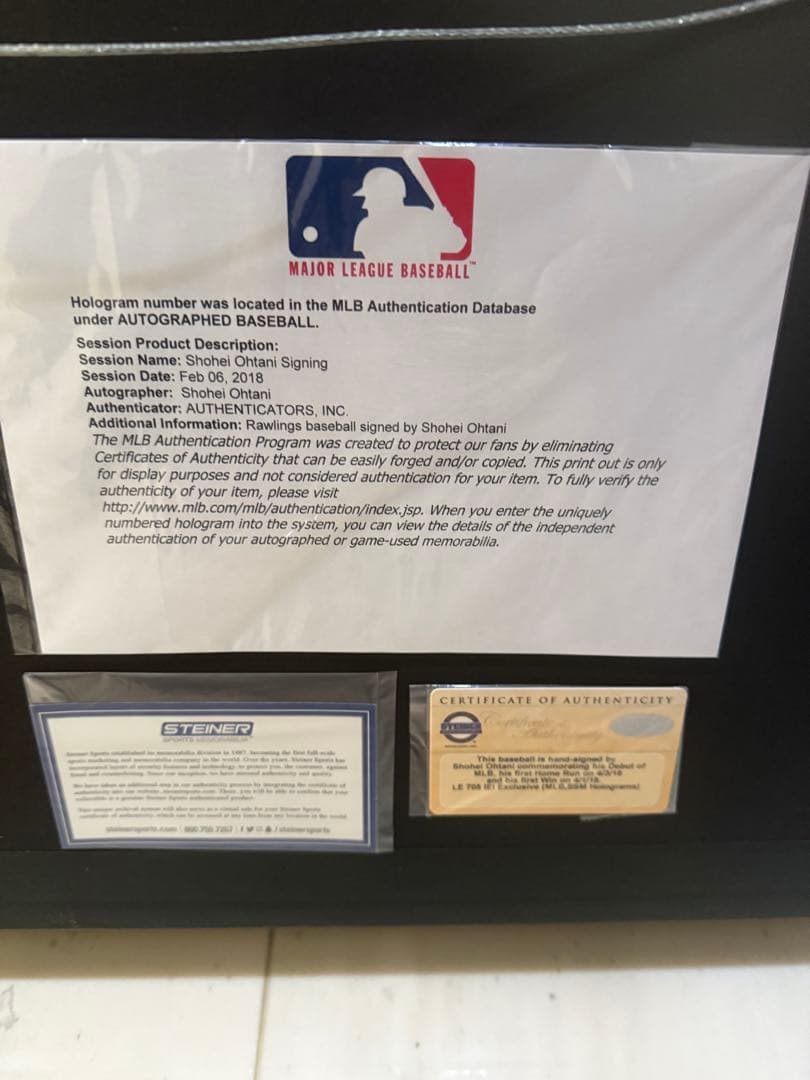 2018年デビュー記念 大谷翔平 直筆サインボール 展示額セットMLB認証シール