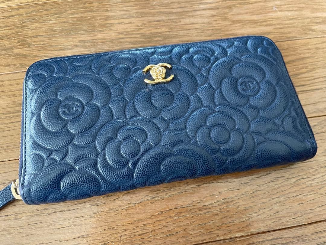 美品　CHANEL シャネル　カメリア　長財布　希少　ネイビーブルー　ウォレット