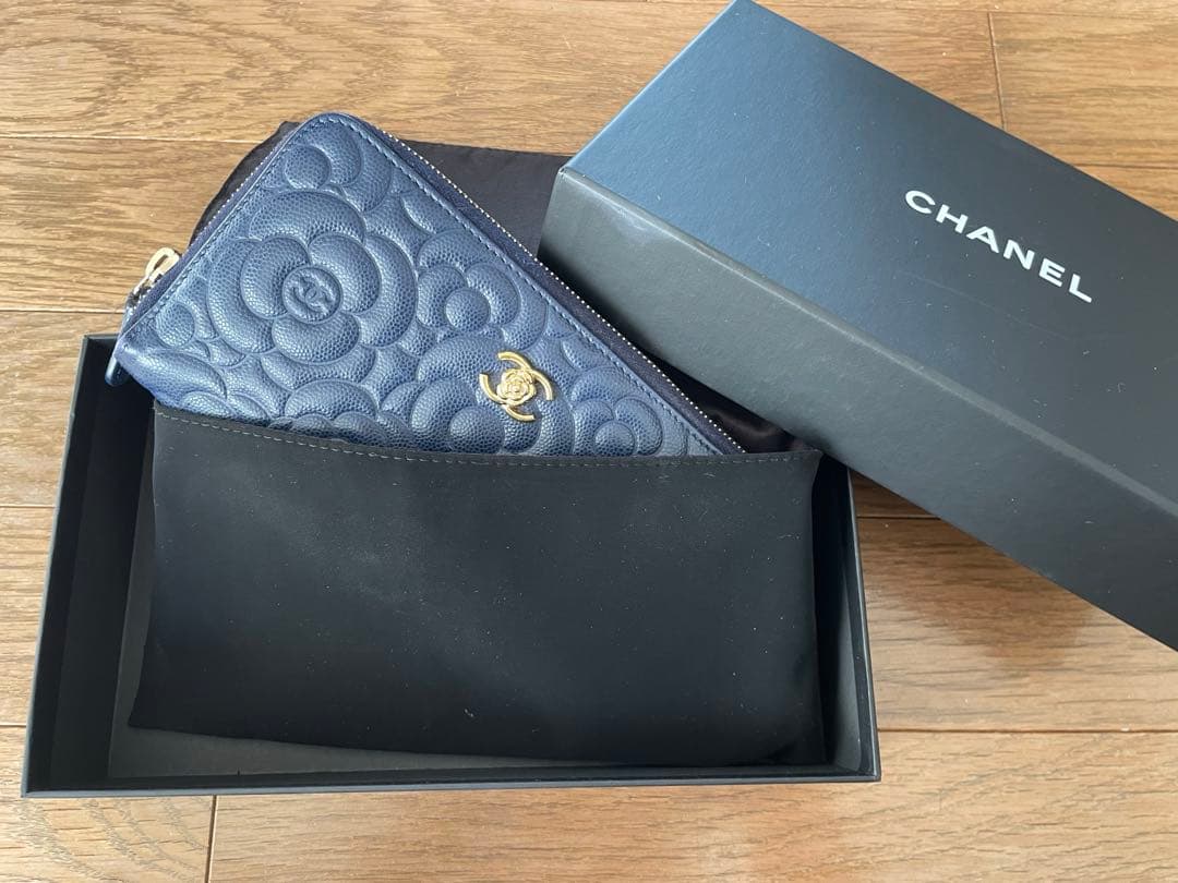 美品　CHANEL シャネル　カメリア　長財布　希少　ネイビーブルー　ウォレット