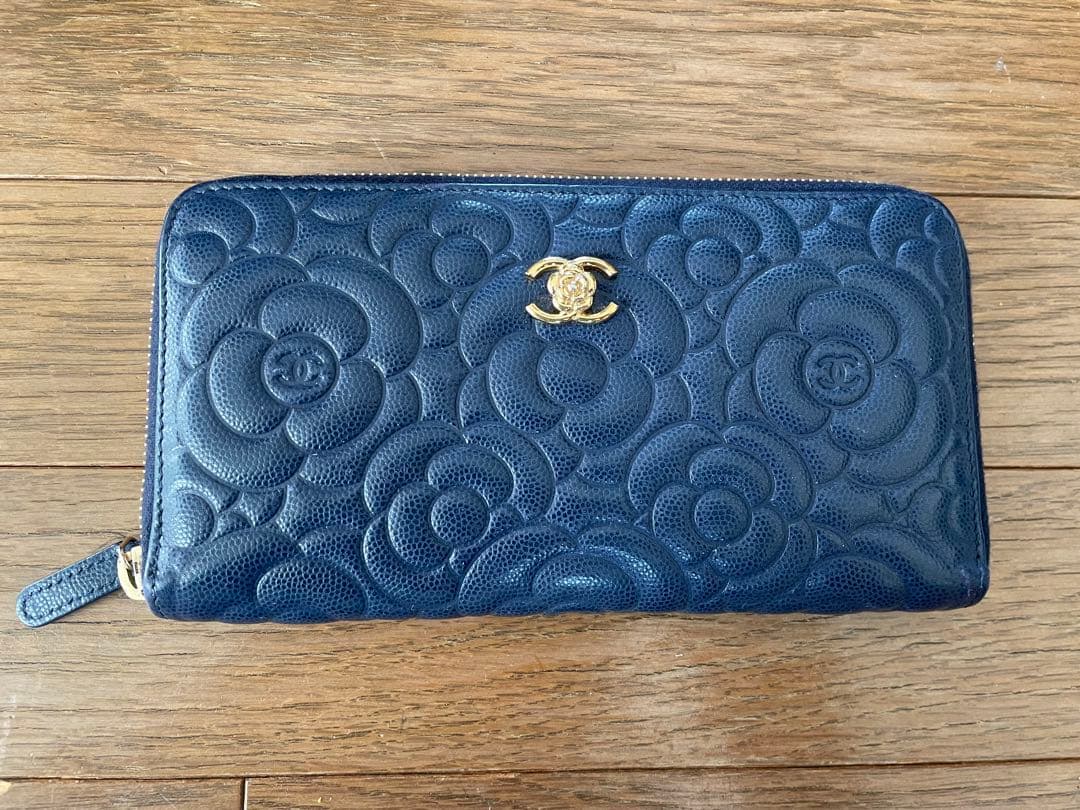 美品　CHANEL シャネル　カメリア　長財布　希少　ネイビーブルー　ウォレット