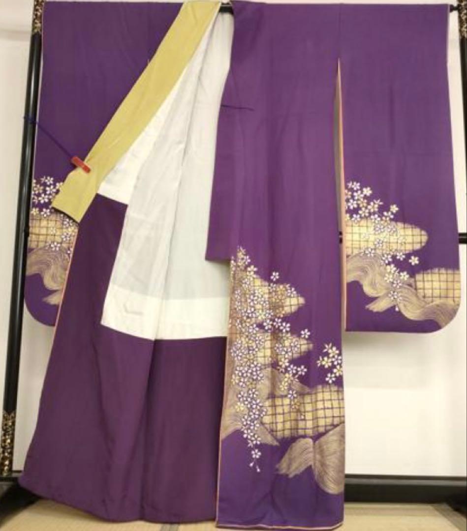 振袖 フルセット6点サイズM〜Ｌ流水舞桜文　金彩　正絹