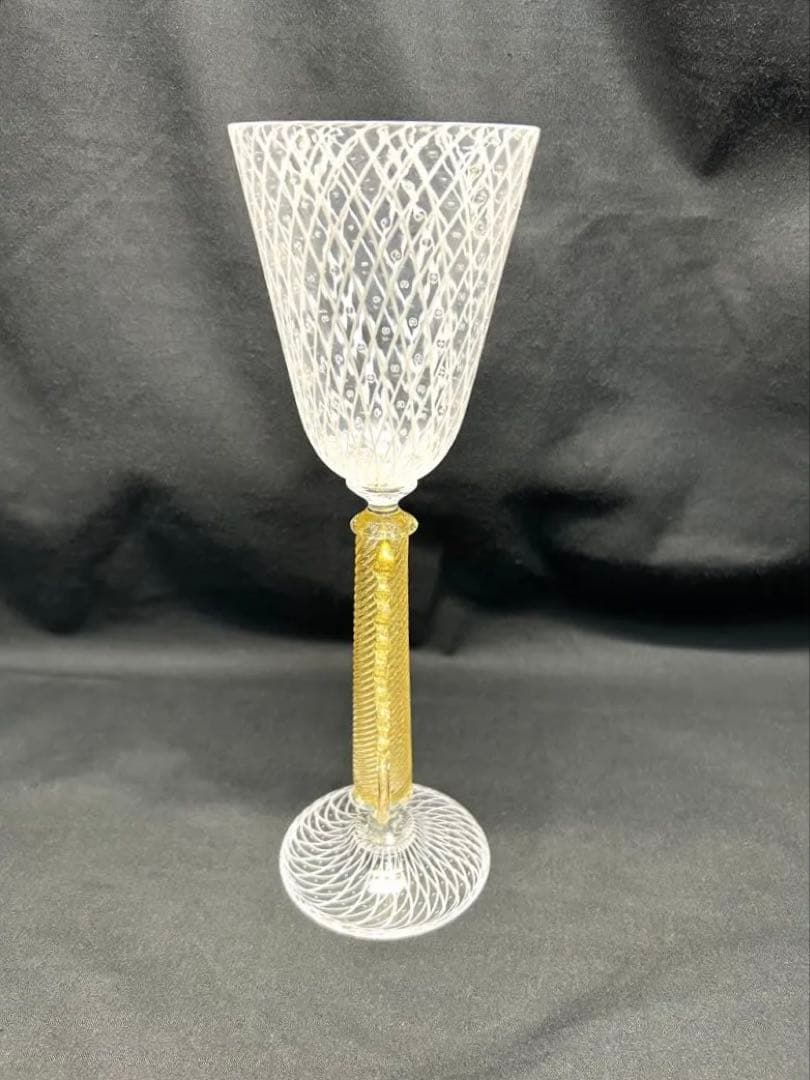 ベネチアングラスSeguso製ホワイト網目模様グラス　ヴィンテージ未使用品