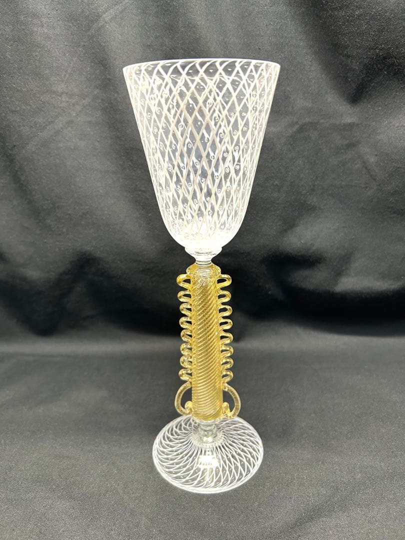 ベネチアングラスSeguso製ホワイト網目模様グラス　ヴィンテージ未使用品