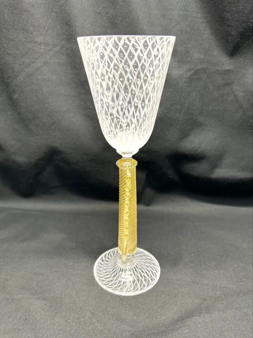 ベネチアングラスSeguso製ホワイト網目模様グラス　ヴィンテージ未使用品