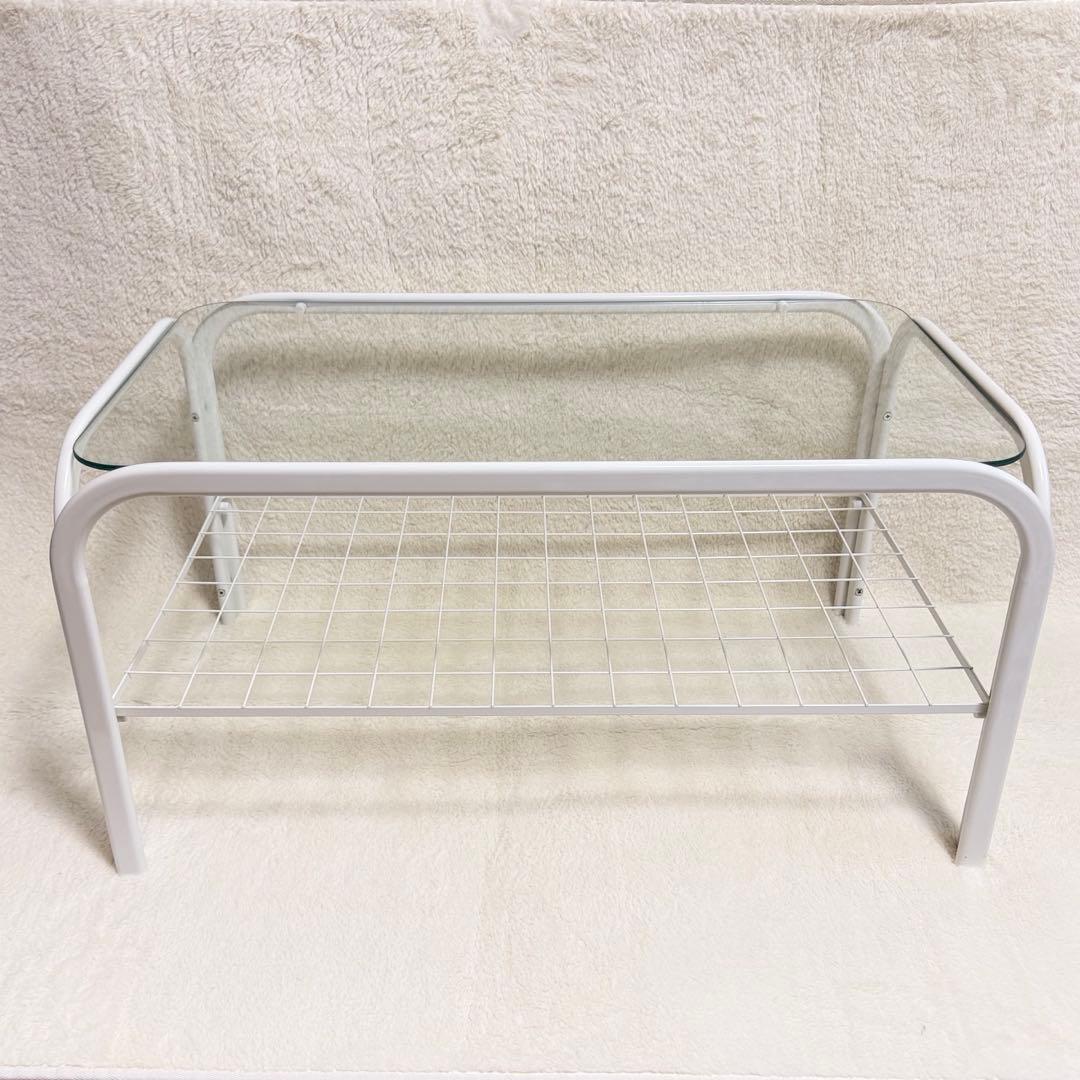 美品 アイアンフレーム 白 ローテーブル ガラス天板 昭和レトロ モダン