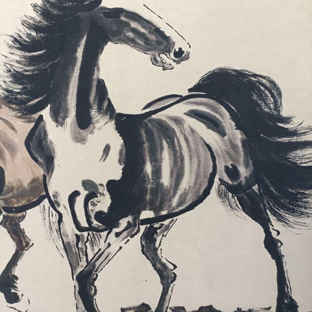 名人字画 徐悲鴻《双駿図》 三尺中堂画 付属証書・防偽標識付