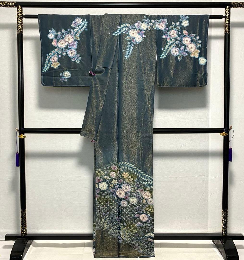 D43 訪問着 辻ヶ花 絞り 金通し 正絹 着物 袷 しつけ糸未使用極美品