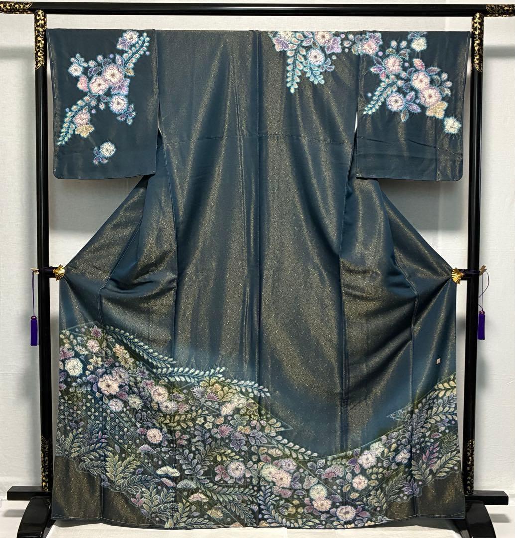 D43 訪問着 辻ヶ花 絞り 金通し 正絹 着物 袷 しつけ糸未使用極美品