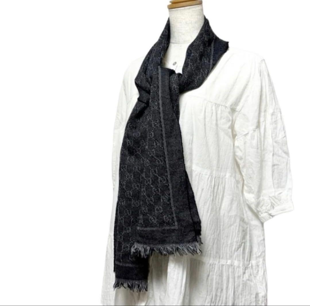 即購入⭕️ GUCCI GGマーク ロゴ ウール ストール マフラー ブラック系