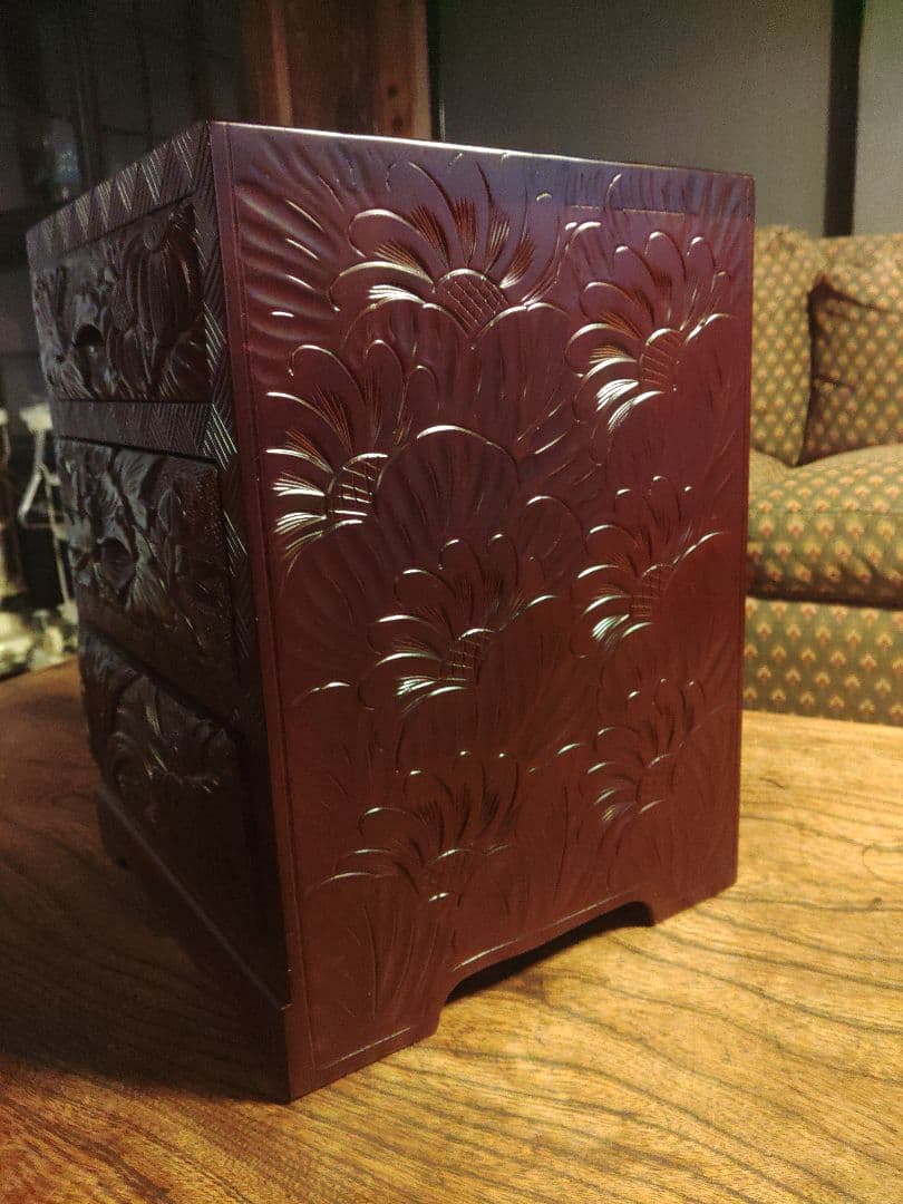 未使用　日光彫　軽井沢彫　小箪笥　引き出し　3段　伝統工芸　希少　デッドストック