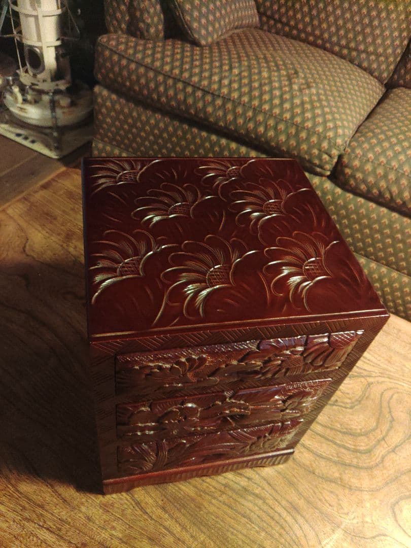 未使用　日光彫　軽井沢彫　小箪笥　引き出し　3段　伝統工芸　希少　デッドストック