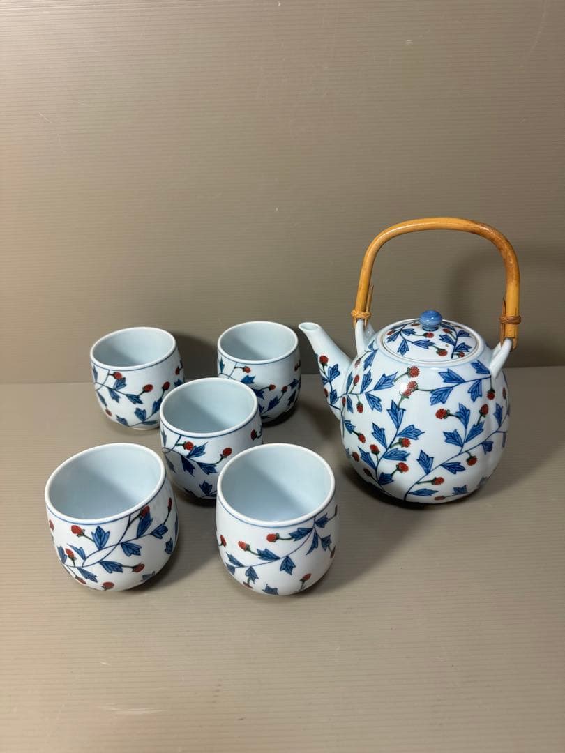 2199 源右衛門 染錦苺絵 茶器セット　急須1客　湯呑5客