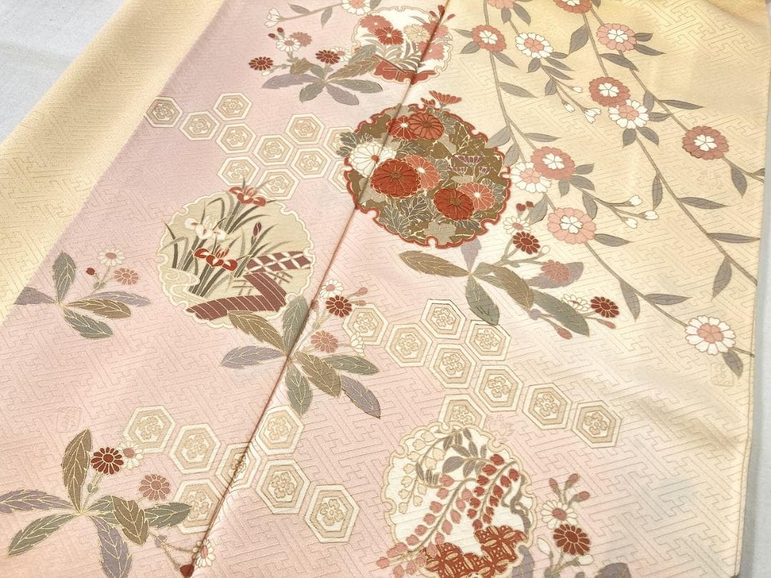 未使用 吾妻徳穂 吉澤の友禅 訪問着 袷 黄色 ピンク パステル 1405