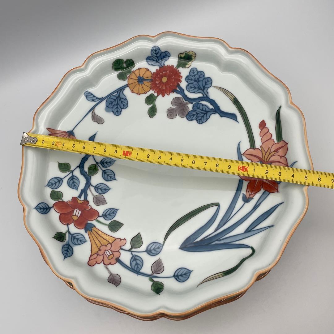 源右衛門窯 染錦草花文　大皿約25.5cm 花柄波型皿 4枚セット 箱なし