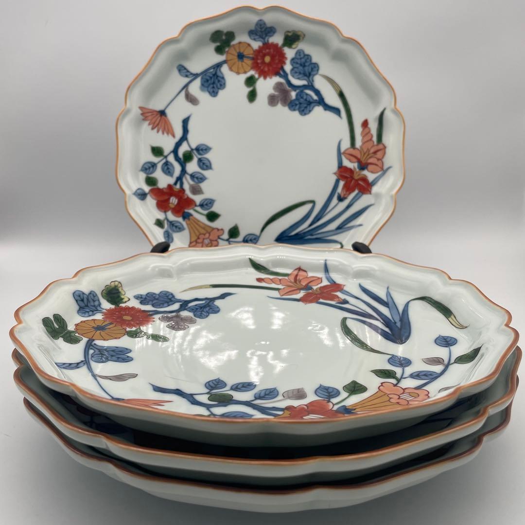 源右衛門窯 染錦草花文　大皿約25.5cm 花柄波型皿 4枚セット 箱なし