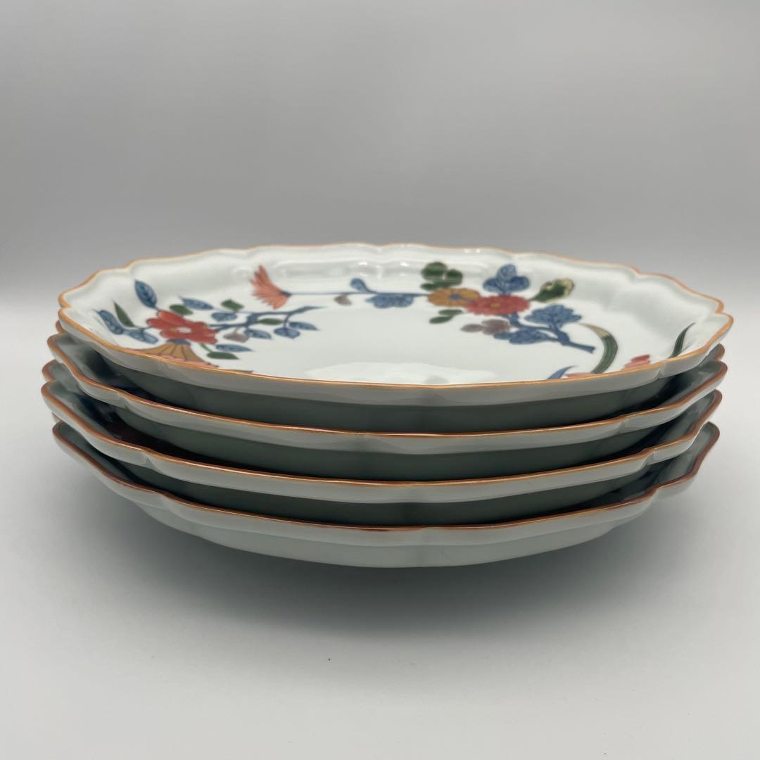 源右衛門窯 染錦草花文　大皿約25.5cm 花柄波型皿 4枚セット 箱なし