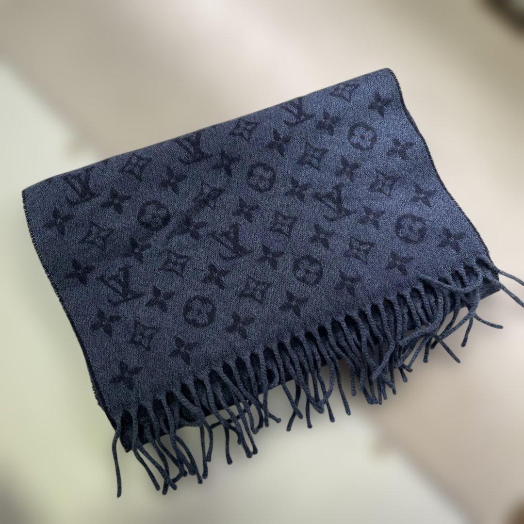 ルイヴィトン ネイビー ウール マフラー ロゴ入り フリンジ付き