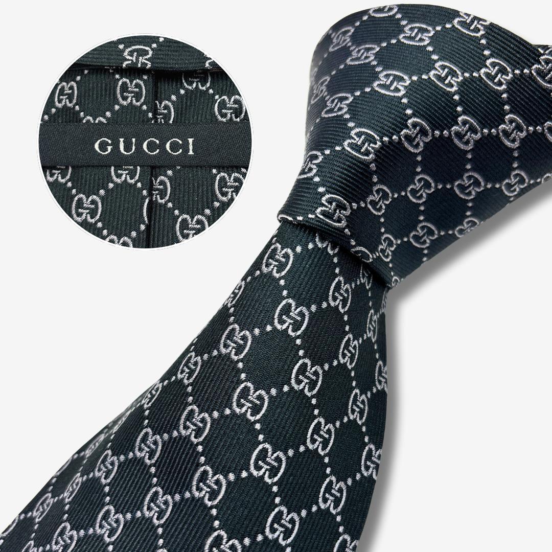 GUCCI シルクネクタイ GGロゴ 格子柄 ダークグリーン