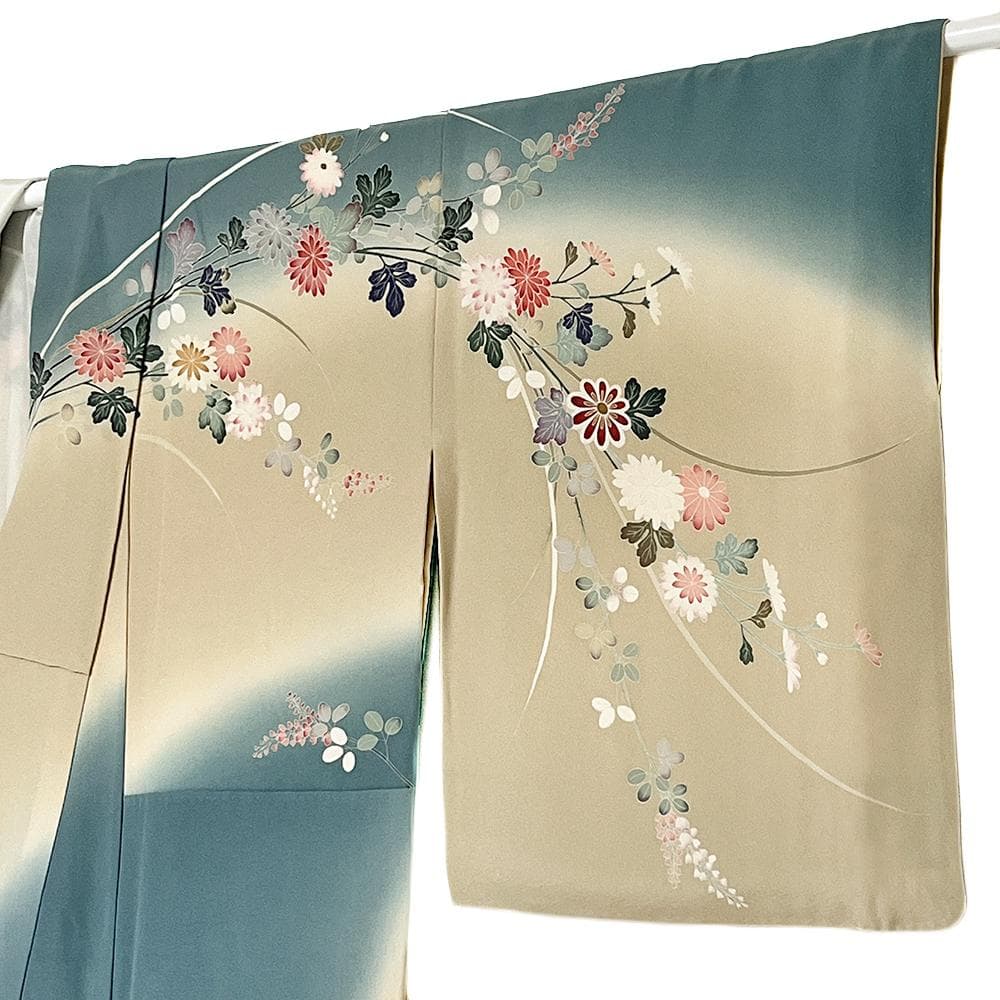 十日町友禅 正絹 訪問着 ちりめん 中古 水色 手描友禅 №ymk0049