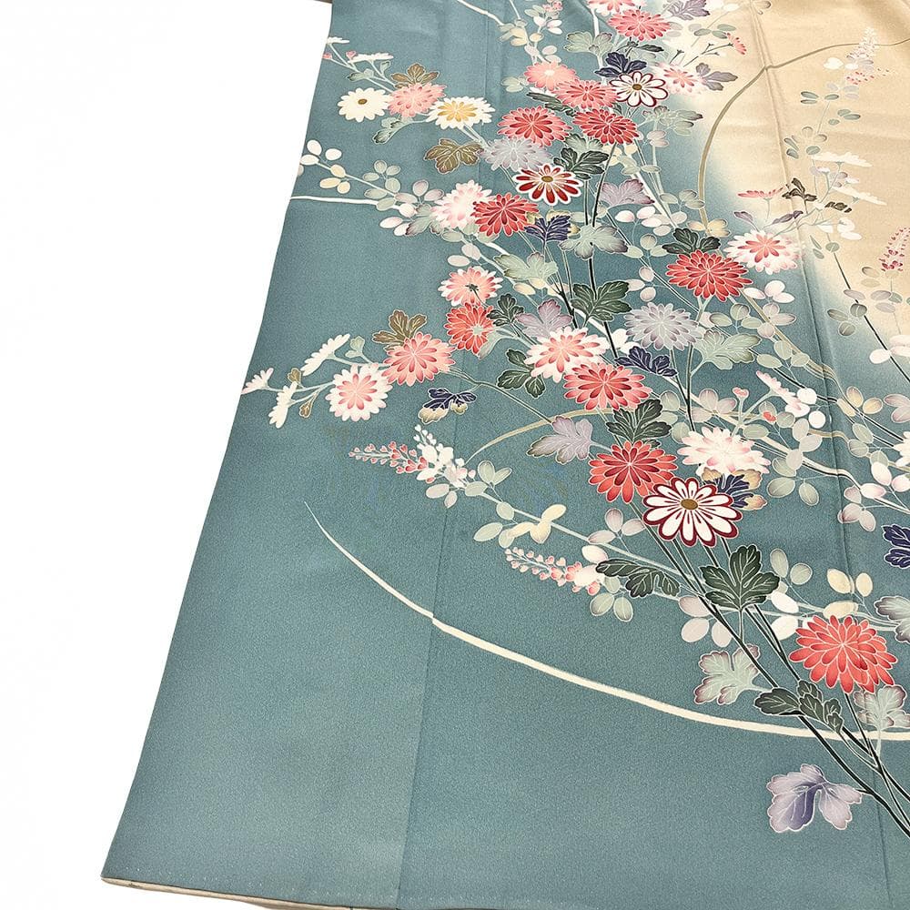 十日町友禅 正絹 訪問着 ちりめん 中古 水色 手描友禅 №ymk0049