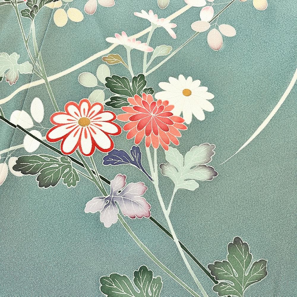 十日町友禅 正絹 訪問着 ちりめん 中古 水色 手描友禅 №ymk0049