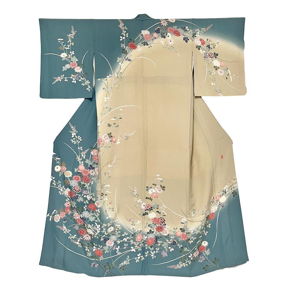 十日町友禅 正絹 訪問着 ちりめん 中古 水色 手描友禅 №ymk0049